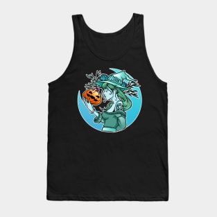 Halloween Cute Witch With Pumpkin and the Moon Blue Tank Top